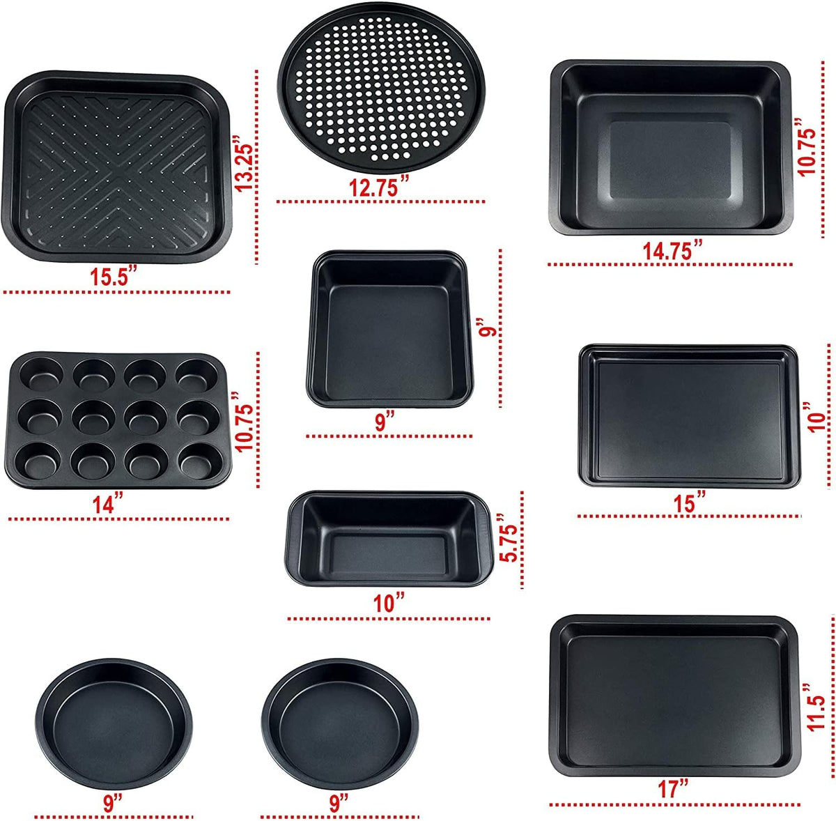 Perlli Baking Pan 10 Piece Set Nonstick Carbon Steel Gray Oven Bakeware Kitchen Set, 2 Cookie Sheets, 2 Round Cake Pans, Square Pan, Roasting Pan, Loaf Pan, Crisp Pan, Pizza Crisper, & Muffin Pan