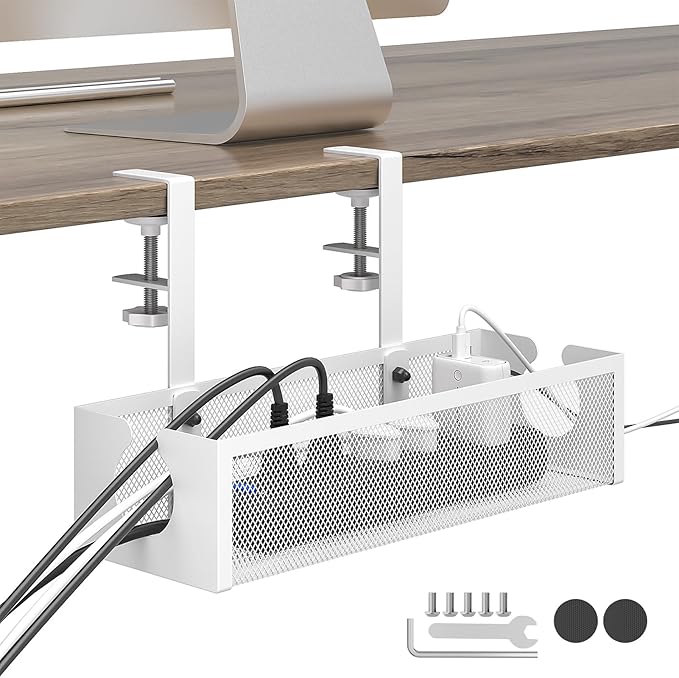 DELAMU Under Desk Cable Management Tray, No Drill Metal Mesh Cable Management Under Desk with F-Clamp Mount & 2 Open Holes, Cord Organizer for Home Office, 1 Pack, White
