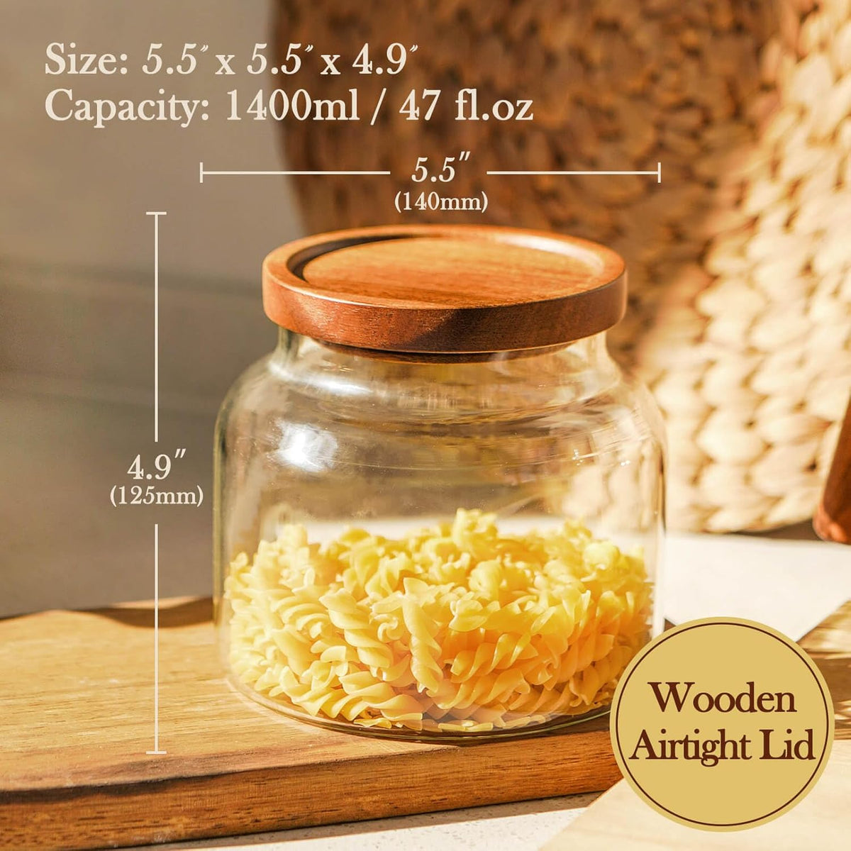 Labina Glass Storage Container Airtight Food Jars Kitchen Canister with Wood Lids, 47 Oz Wide Mouth Pantry Organization Glass Jar for Flour, Sugar, Cookie, Spagetti, Nuts and Candy (2 Pack)