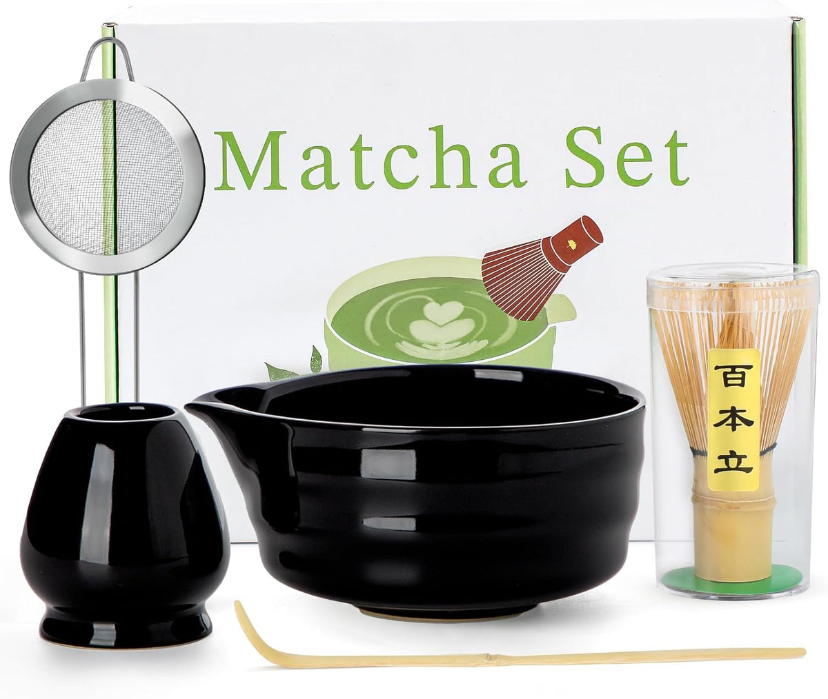 Matcha Whisk Set - 5PCS Matcha Set Includes 17OZ Chawan with Spout, Bamboo Chasen Whisk with Ceramic Holder, Wooden Scoop and Stainless Sifter, Matcha Kit for Ceremony, Gift for Matcha Lovers