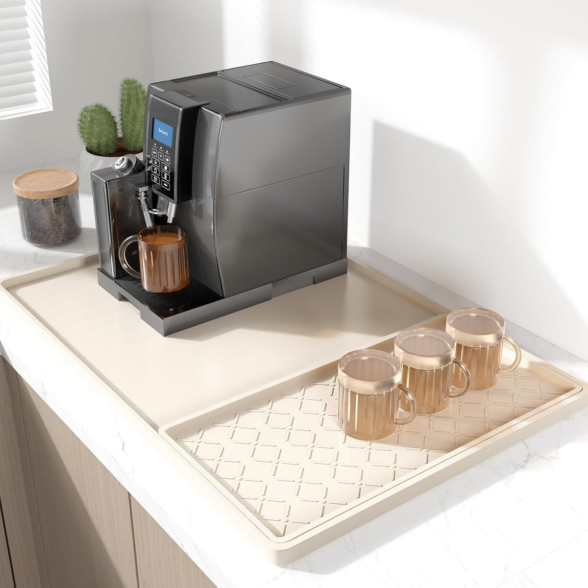 Rnivvi Silicone Coffee Mat, 16" x 24" Waterproof Raised Edge Coffee Bar Mats for Espresso Machine Station Accessories, Heat Resistant Detachable Dish Drying Pad for Kitchen Counter, Dish Rack, Beige