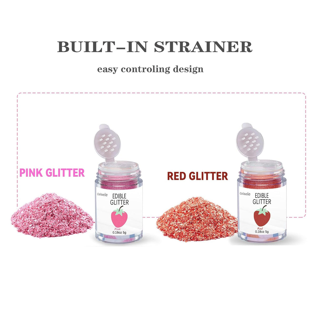 Red Pink Edible Glitter Glimmer Powder for Cakes Drinks - Valentine's Colaele 5 grams Food Grade Luster Dust Metallic Food Decorating Sprinkle Disco Brew Dust for Cake Chocolate Decorations,Vegan