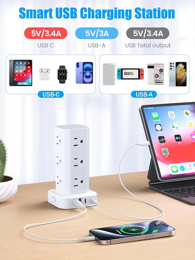 Tower Power Strips with Surge Protection, 6FT Flat Extension Cord with Multiple Outlets, 12 AC 4 USB Ports, Overload Protection Charging Station for Office Home Dorm Room Travel (White)