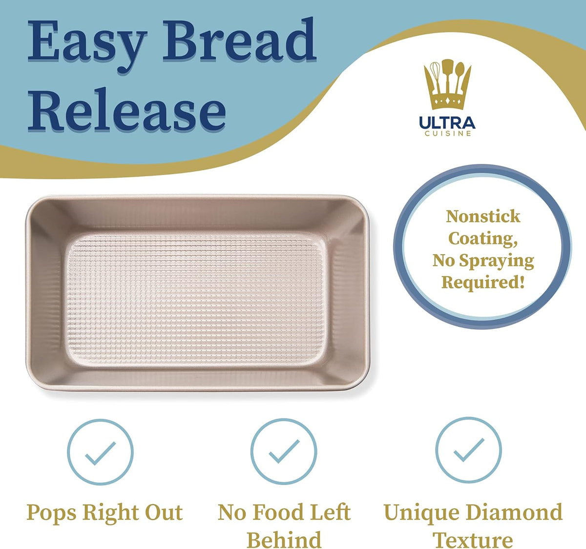Ultra Cuisine Nonstick Bread Pan - 9.5x5 inch Loaf Pan, 1 lb - Easy Clean, Quality, Durable Bread Tin for Oven Baking Quick Bread, Meatloaf, Banana Bread, Cake - Easy Release, PFOA & PTFE Free Coating