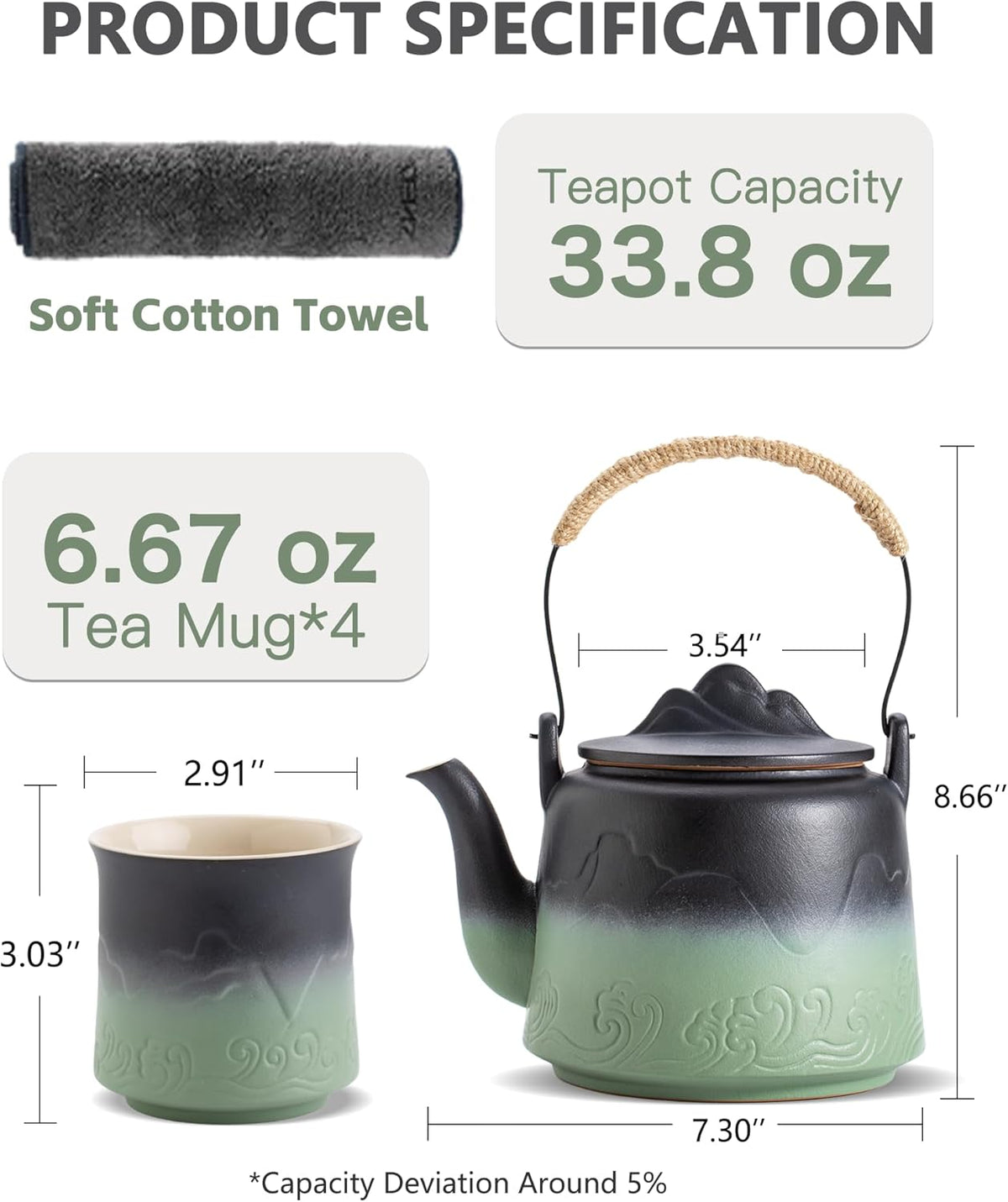 ZENS Vintage Japanese Tea Set with 4 Tea Cups, 33.8 oz Embossed Ceramic Loose Leaf Teapot with Built-in Strainers for Tea Steeper, Hemp Rope Handle Gradient Japanese Tea Pot for Tea Lovers Gifts