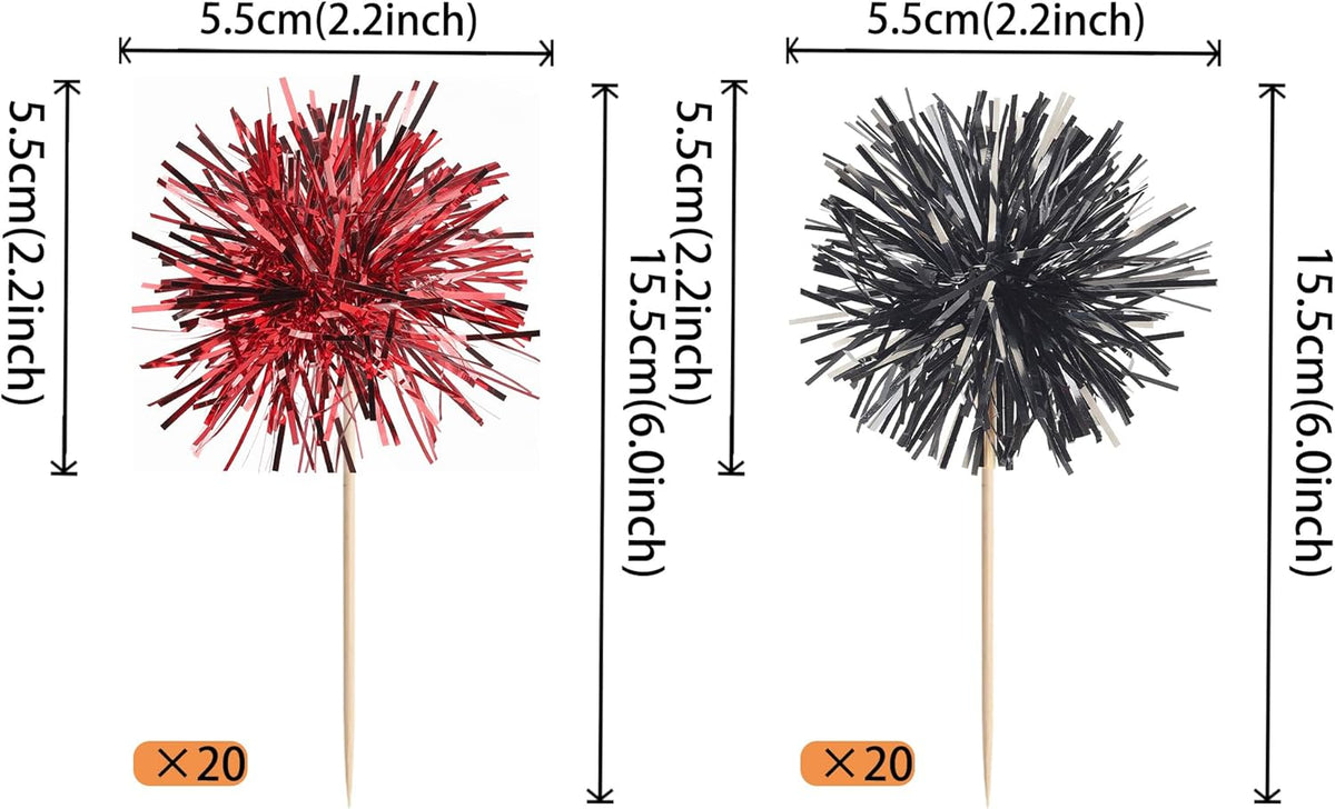 40 PCS Foil Firework Cupcake Toppers Sparkle Tinsel Cupcake Picks Fireworks Birthday Party Decorations Cocktail Fruit Toothpick for Birthday Wedding Graduation Party Decorations Supplies Black Red