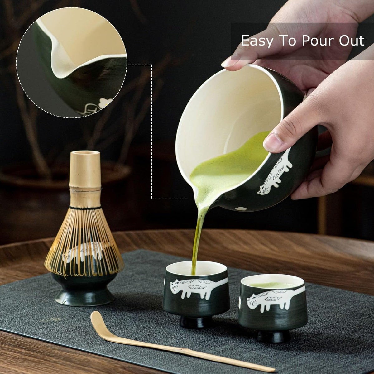 Unique Cat Matcha Tea Set, Matcha Bowl with Spout, 2 Cups, Bamboo Whisk, Chasen Holder & Scoop, 6 Pcs Matcha Set for Tea Ceremony & Unique Gift for Matcha Lover