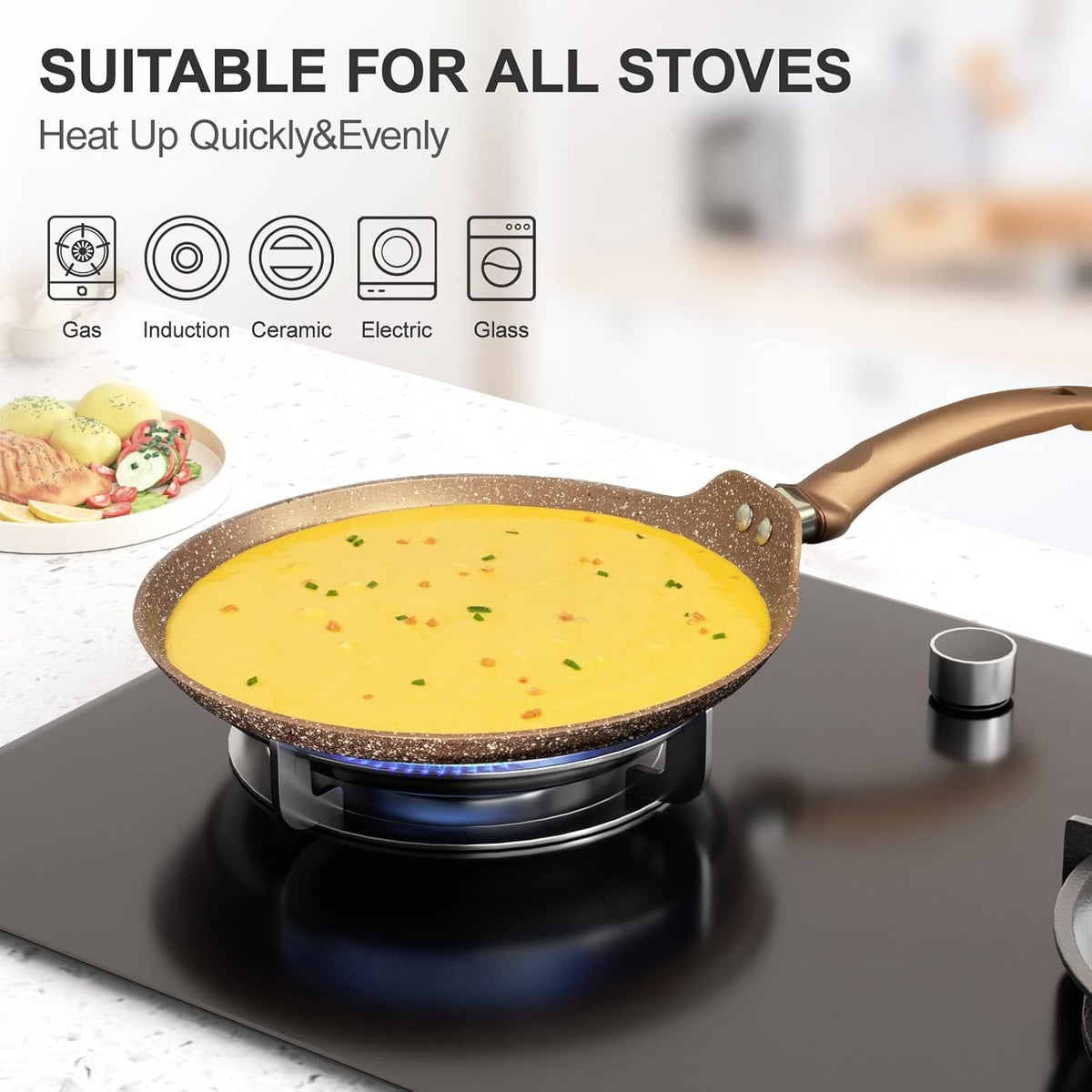 11 inch Nonstick Crepe Pan, Granite Coating Flat Skillet Dosa Tawa Tortilla Pan, Large Pancake Griddle Comal Pan, Compatible with All Stovetops, PFOA Free