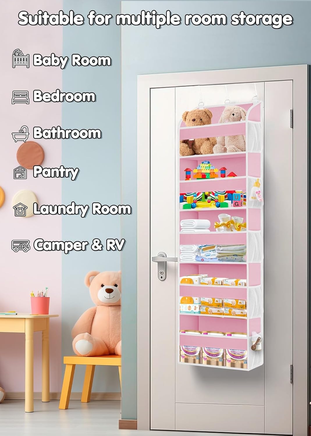 1 Pack Over The Door Storage Organizer with 5 Pockets 10 Mesh Pockets, 44 lbs Weight Capacity Door Hanging Organizers and Storage for Bedroom,Bathroom,Nursery,Kidroom,Babyroom