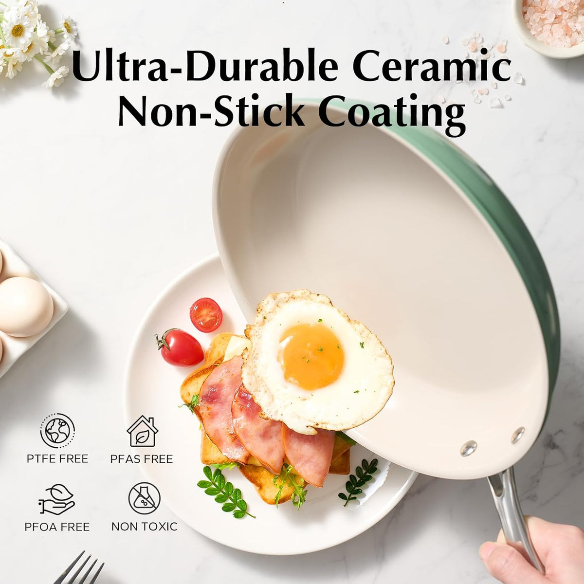 Redchef Non Stick Ceramic Frying Pan Set, Non Toxic Ceramic Pans for Cooking, 8" 9.5" 11" Skillet Set, No PFAS & PTFE & PFOA with Stainless Steel Handle, Dishwasher & Oven Safe Max up to 842°F (Green)