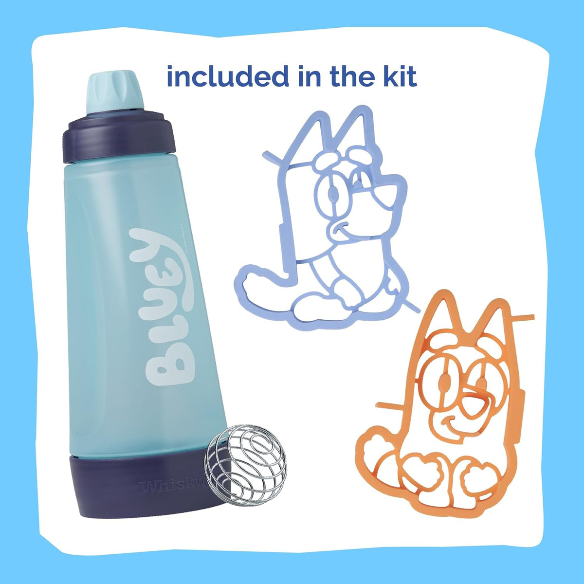 Whiskware Bluey Pancake Art Kit, 1 Batter Bottle, 2 Silicone Bluey and Bingo Pancake Molds, and 1 BlenderBall Wire Whisk, Durable, No-Mess Breakfast, BPA Free, Dishwasher Safe