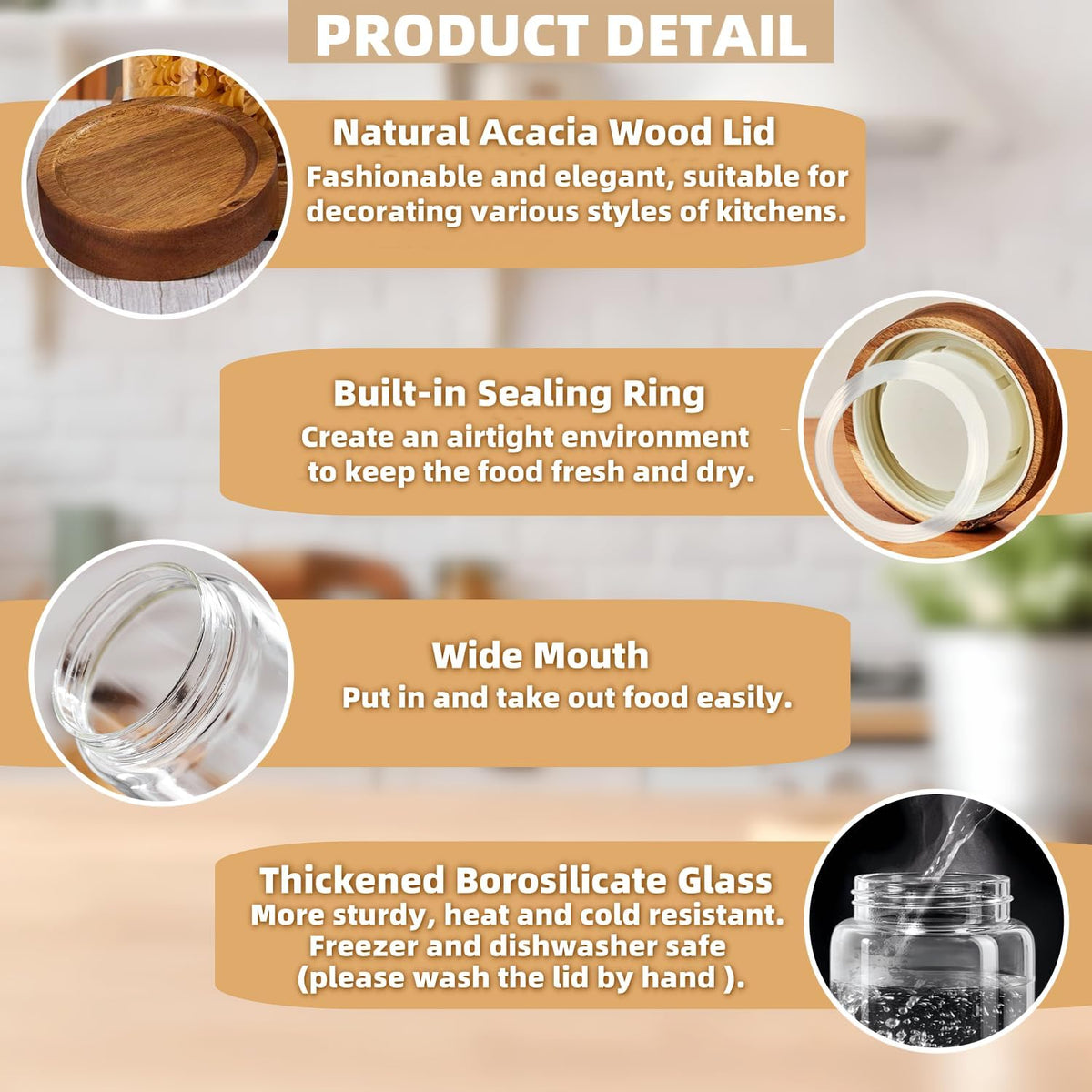 28 Fl oz/850 ml Glass Food Storage Jar, Premium Clear Glass Container Jar with Airtight Wooden Screw Lid, Kitchen Canisters for Coffee,Tea,Pasta,Cookies, Nuts,Spice,Candy,Overnight Oatmeal（Medium）