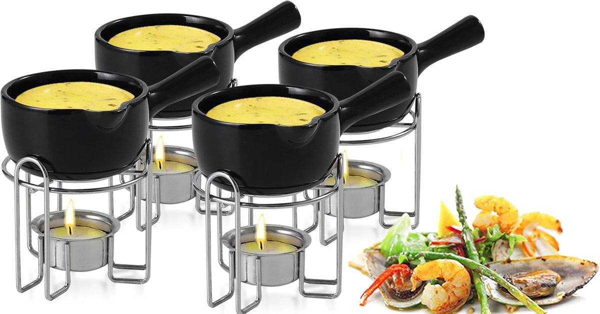 Artestia Butter Warmer for Seafood Set of 4, Ceramic Lobster Butter Warmers with 4 Pieces Tealight Candles for Melting Butter, Chocolate, with Handle, Dishwasher Safe, Black