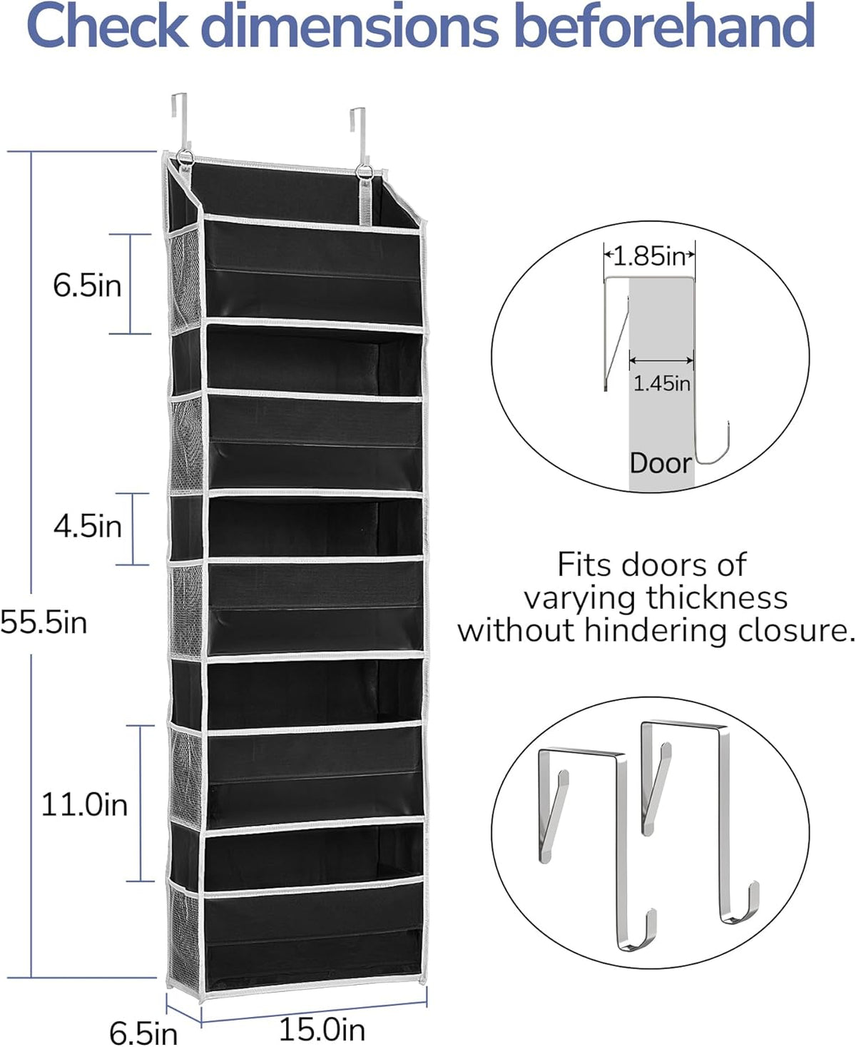 ULG 1 Pack Over The Door Organizer – 5 Shelf Door Organizer Hanging & 10 Side Pockets, Reinforced 44LB Capacity Hanging Organizer, Behind The Door Storage for Bedroom, Nursery, Pantry (Black)