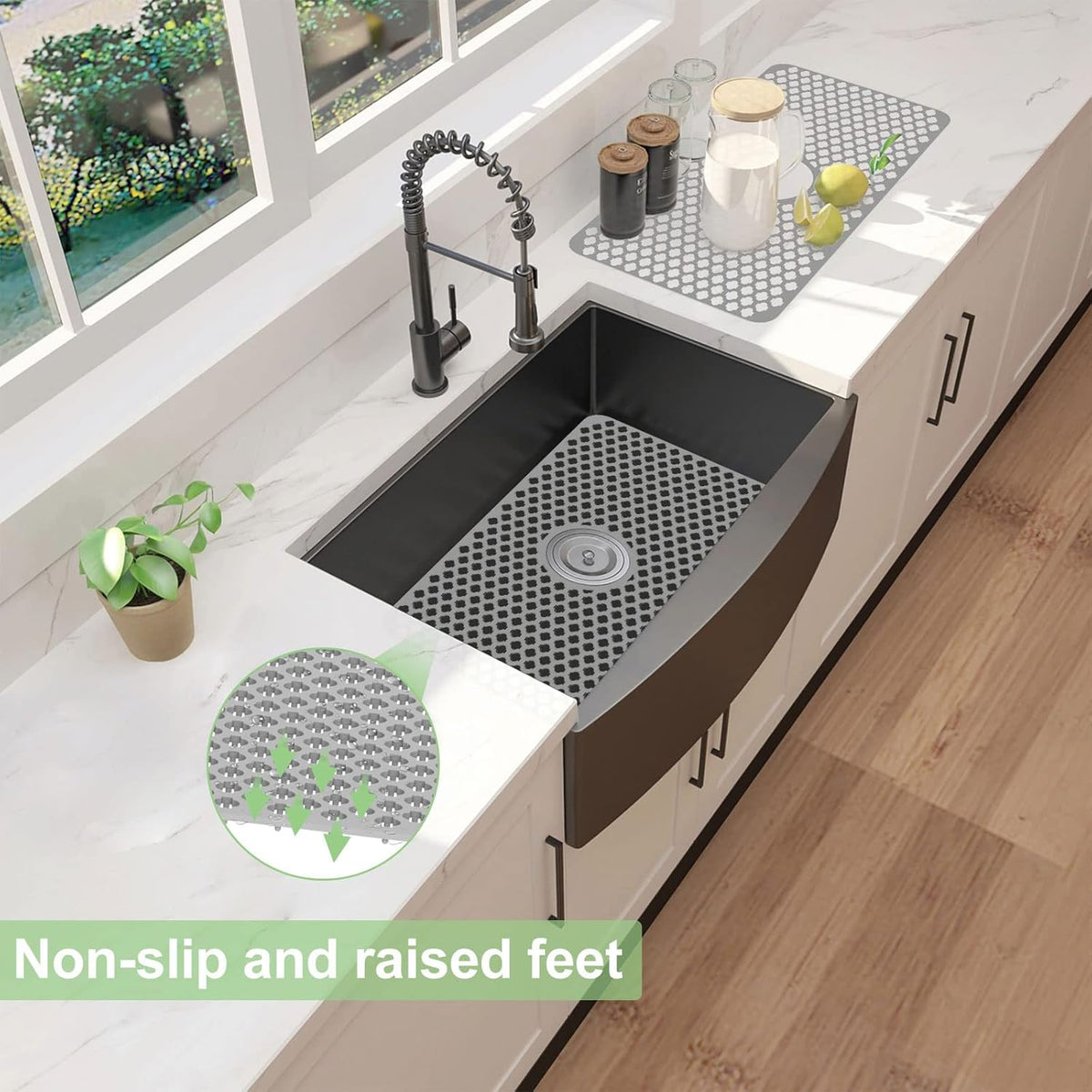 Kitchen Sink Protectors, 24x12 Heat Resistant Mat for Stainless/Porcelain Sink, No-Slip Grid (Grey)