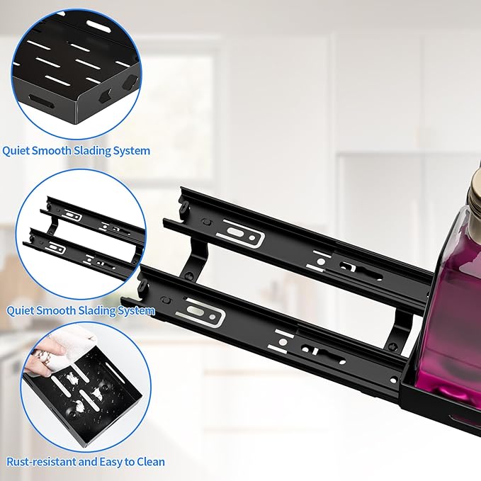 Pull Out Spice Rack Organizer for Cabinet, Heavy Duty-Slide Out Spice Rack, Vertical Spice Rack for Kitchen Cabinet and Pantry (4.2''Wx10.5''Dx2.8''H, Metal Black)