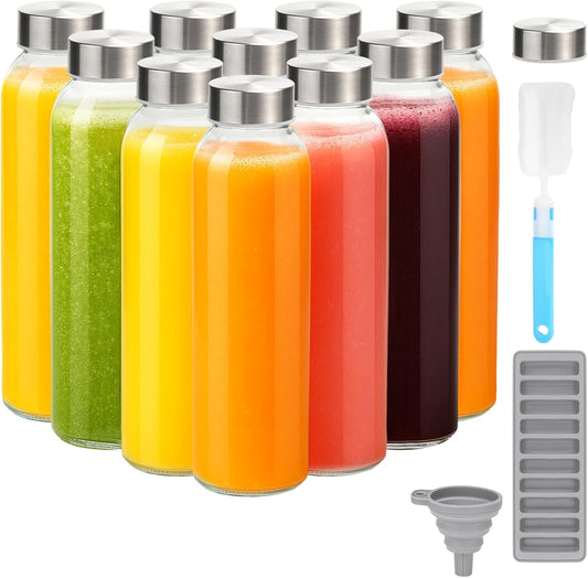 Zukro Glass Water Bottles with Lids 24 oz, 10 Pack Reusable Juice Bottles With Stainless Steel Airtight Cap for Juicing, Leak Proof Clear Drinking Jar Beverage storage container for Fridge, BPA Free