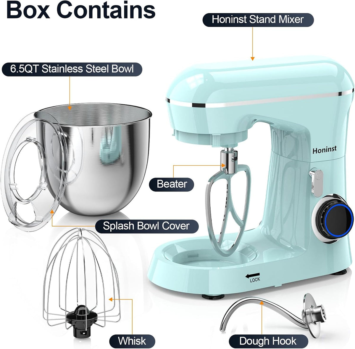 Stand Mixer, 6.5QT 10-Speed Tilt-Head Electric Stand Mixer, 3-In-1 Kitchen Mixer with Bowl, Dough Hook, Whisk and Beater, Food Mixer for Baking, Cake and Most Home Cooks, Blue