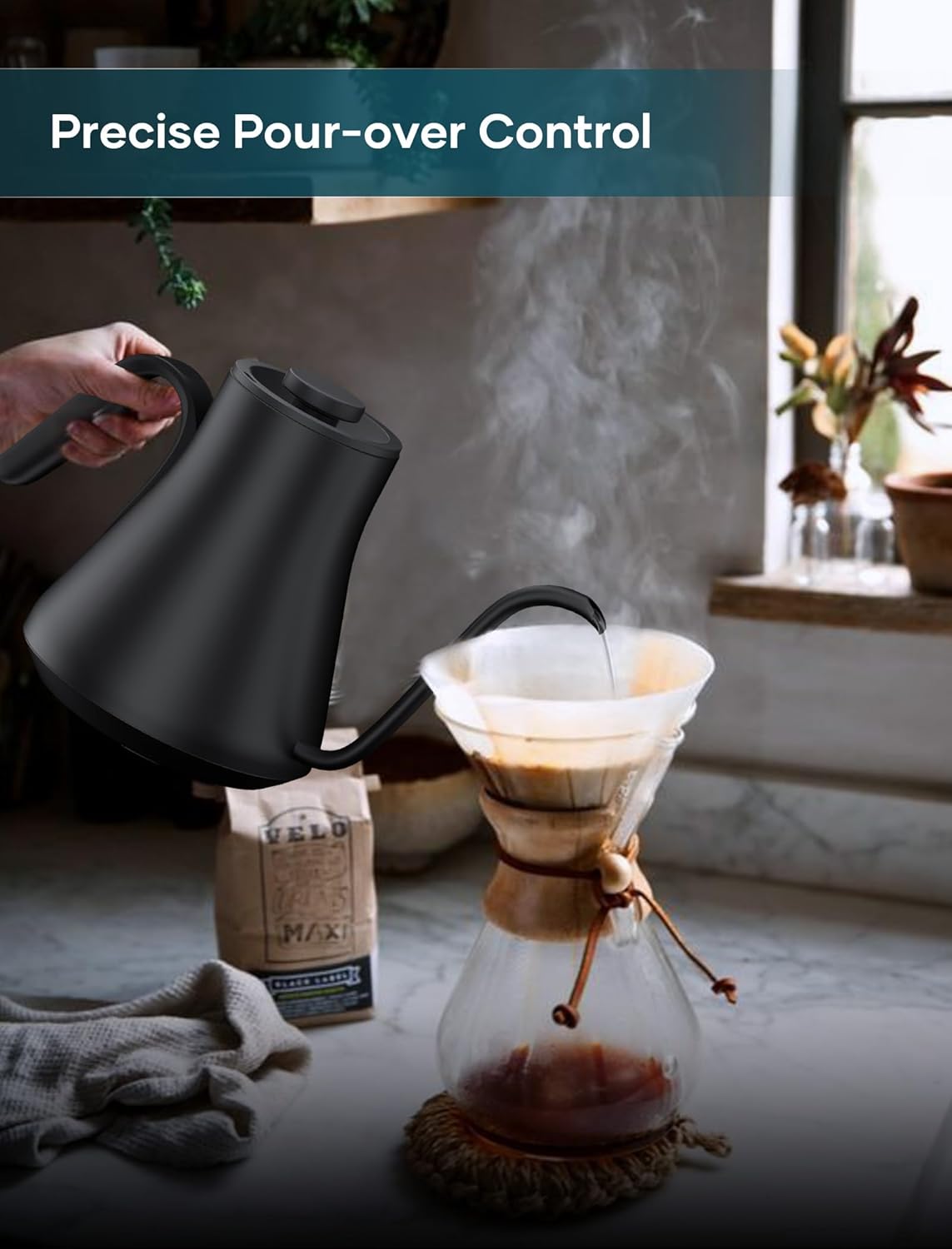 Electric Kettles, Gooseneck Electric Kettle, ±1℉ Temperature Control, Stainless Steel Inner, Quick Heating for Pour Over Coffee, Brew Tea, Boil Hot Water, 1500W/0.9L (Ebony Black)