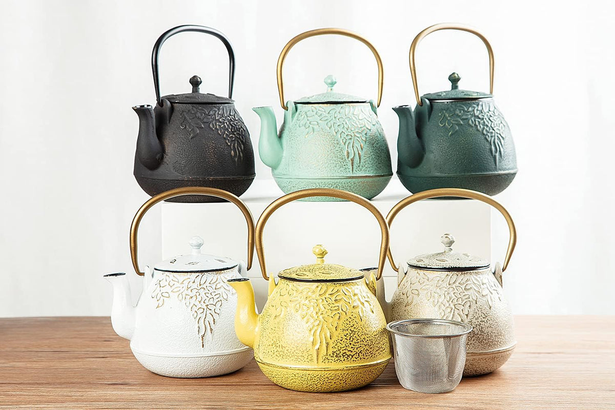 Toptier Cast Iron Tea Kettle, Stovetop Safe Japanese Cast Iron Teapot with Infuser, Leaf Design Tea Kettle for Stove Top Coated with Enameled Interior for 32 Ounce (950 ml), Warm Beige & Gray