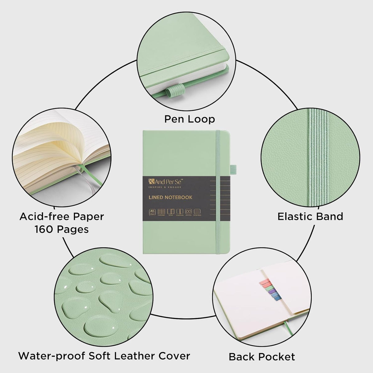 &And Per Se Lined Journal Notebook (5 Packs), 160 Pages, A5 5.7 x 8 inches College Ruled Thick Paper Notebook Journals for Writing, Hardcover Notebooks for Women Men Office School (Light Green)