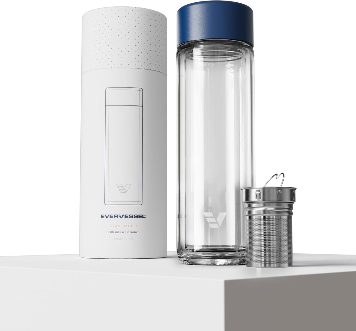 Glass Multi Tea Infuser Bottle 14oz - Double Wall Borosilicate Glass Flask | No Plastic Touches Contents | Perfect for Office or Home - Blue