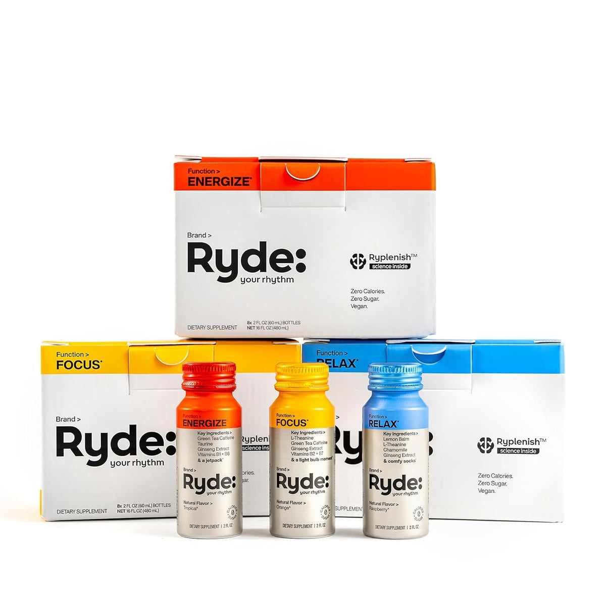 Ryde: Discovery Pack | Energize, Focus & Relax Shots | Green Tea Caffeine, Taurine, Ginseng, B Vitamins, L-Theanine, Lemon Balm, Chamomile | 0 Calories, 0 Sugar | Variety Pack – Try Them All (24 Pack)