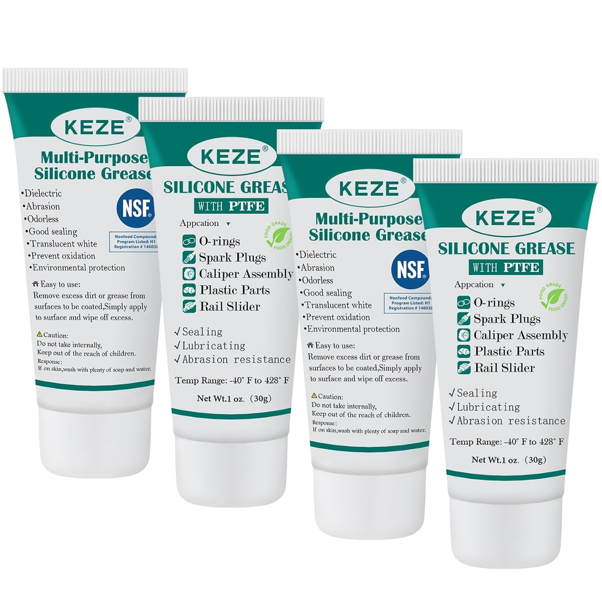 KEZE Silicone Grease Tube PTFE Synthetic Lubricant Sliding Door Grease Automotive Lubrication RV Toilet Seal Lubricant for Plumbing Faucet O Rings Plastic Parts Rubber Seal 1 oz 4-Tube