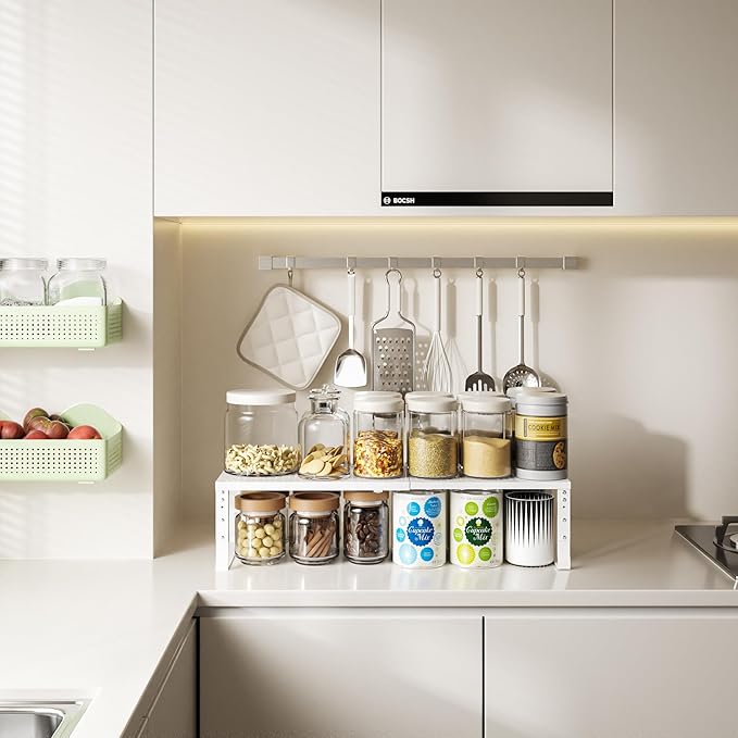 Expandable,Adjustable & Stackable Spice Rack, Cabinet Kitchen Countertop Shelf Organizer,Metal Pantry Storage Shelves - Space-Saving Storage Solution(1Pack/White/Large)