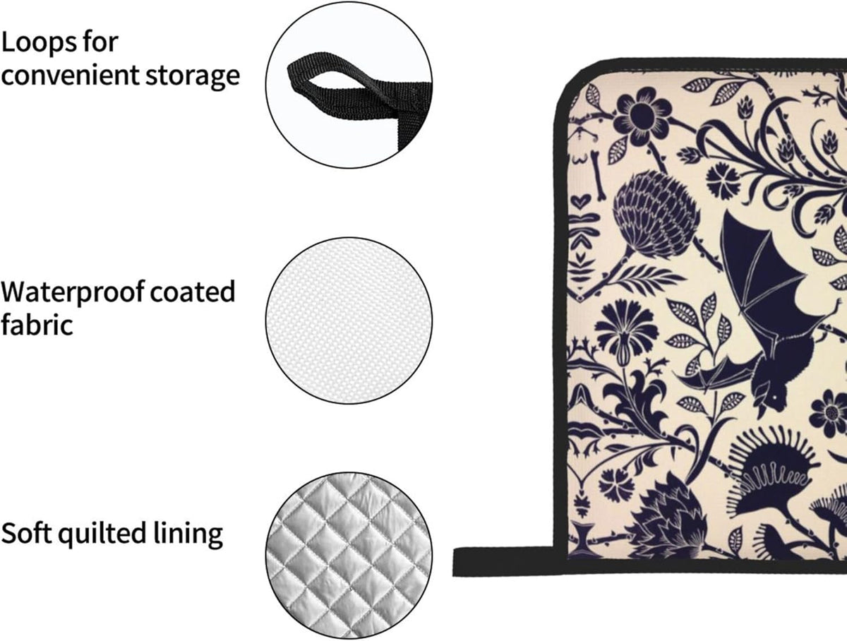 Bats and Flower Oven Mitts and Pot Holders Sets of 4,Resistant Hot Pads with Polyester Non-Slip BBQ Gloves for Kitchen,Cooking,Baking,Grilling