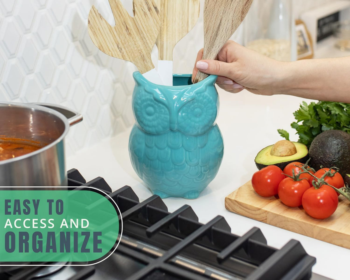 Comfify Owl Utensil Holder Decorative Ceramic Cookware Crock & Organizer, in Lovely Aqua Blue Color - Utensil Shaped Caddy and Perfect Kitchen Ceramic Decor Gift for Countertop - 5” x 7” x 4” Size