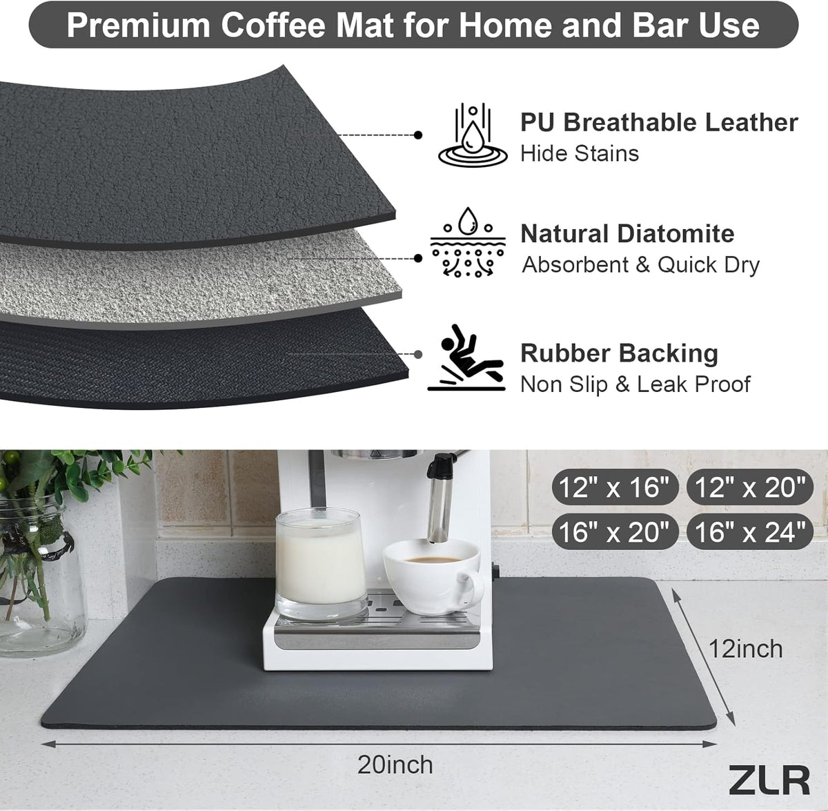 ZLR Coffee Mat - 12" x 20" Middle Kitchen Hide Stain Absorbent Dish Drying Mat for Countertop - Easy to Clean Coffee Bar Mat for Espresso Machine and Spill Protection - Dark Gray