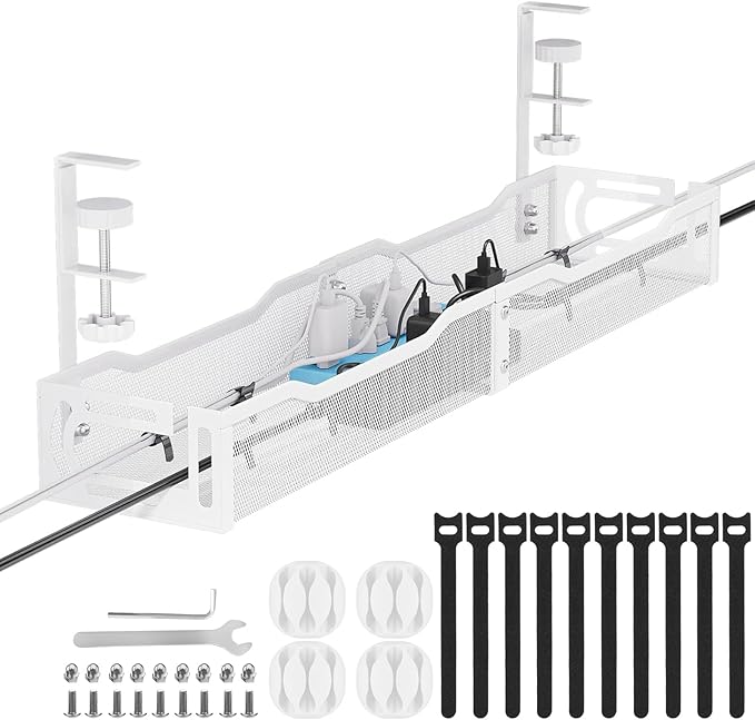 Cable Management, 25'' Cable Management Under Desk No Drill, Metal Cord Organizer with Clamp for Standing Desk, Cable Organizer for Home Office, White
