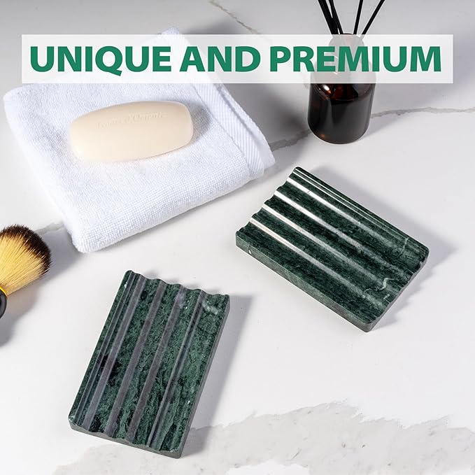 Soap Holder, Marble Soap Dish for Shower, Green Bar Soaps Holder with Water Ripple Design, Easy Cleaning Soaps Saver for Kitchen Sink，Bathroom, Executive Indian Natural Stone Soap Tray