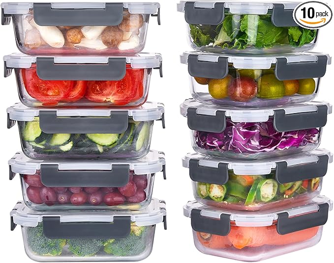 Lemon Sandy 10 Pack 22 oz Glass Meal Prep Containers, Glass Food Storage Containers with Lids, Reusable Airtight Leakproof Lunch Bento Boxes Freezer, Microwave Oven and Dishwasher, Gray