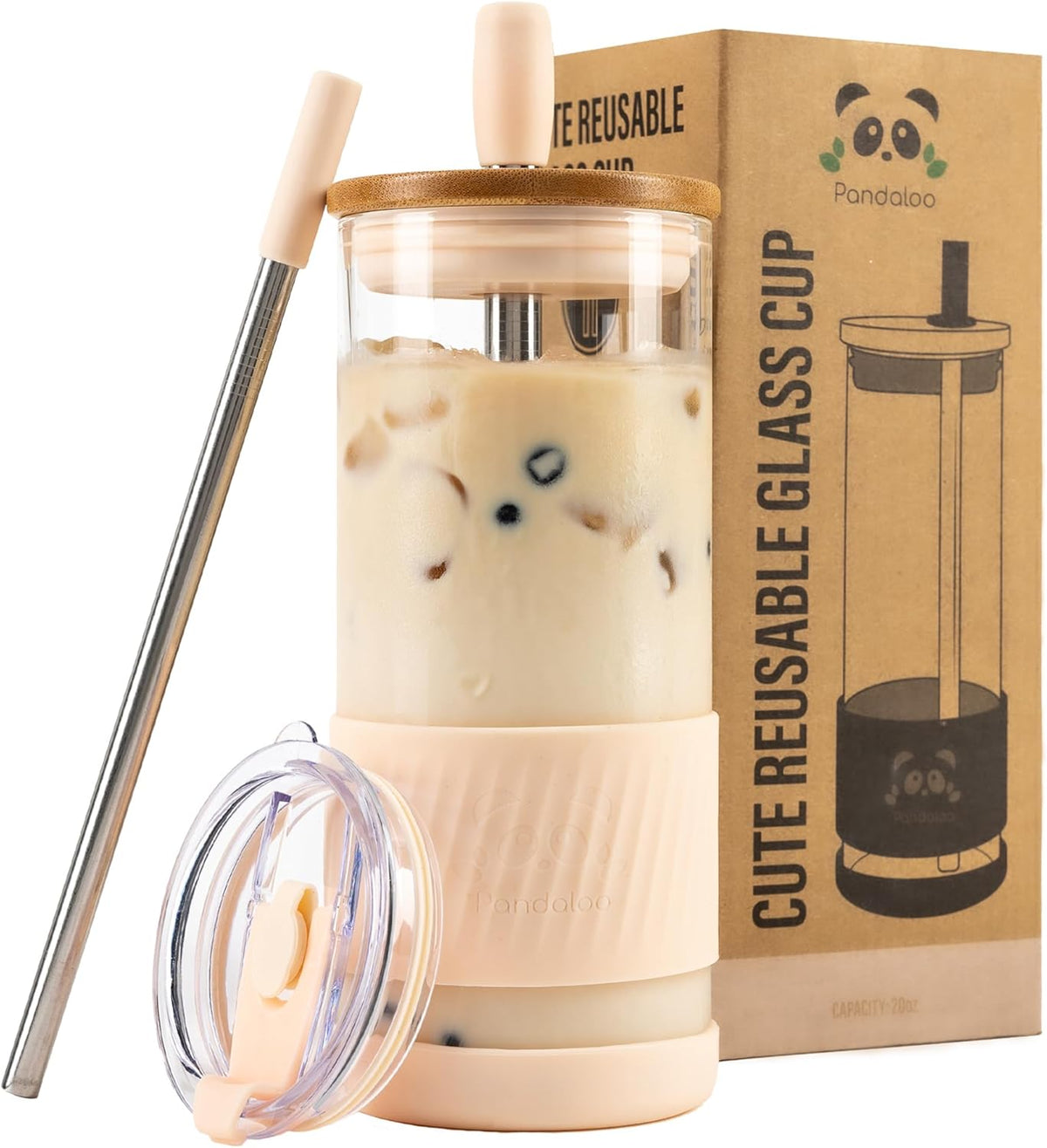 Pandaloo® Glass Cups With Lids and Straws -20 Fl Oz- Perfect Size Iced Coffee Cup - Smoothie Cup With Bamboo Lid and On the go Lid - Glass Tumbler With Straw (1 Count (Pack of 1), Vanilla Cream)