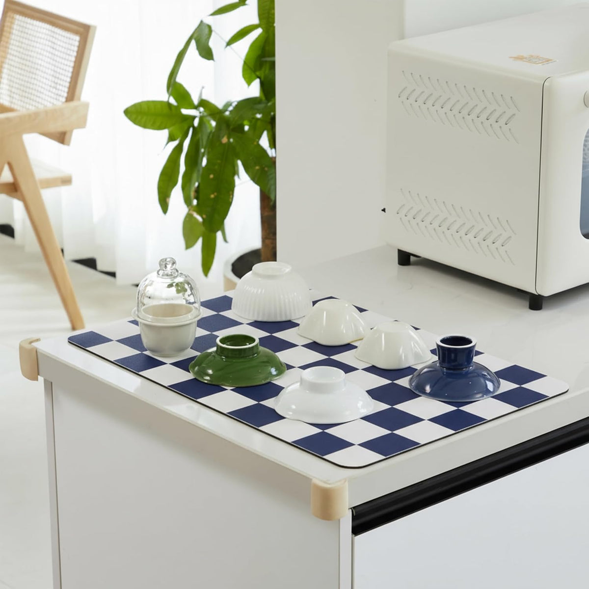 Checkered Dish Drying Mat for Kitchen Counter, Coffee Bar Station Accessories, Retro Cute Aesthetic Modern Absorbent Drainer Mat Kitchen Drying Mat Easy Clean (Navy Blue, 24" x 16")