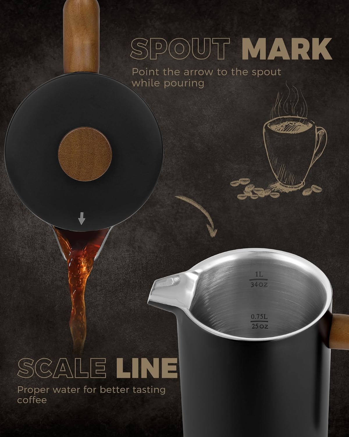 POLIVIAR French Press Coffee Maker, 34 Ounce Coffee Press with Real Wood Handle, Double Wall Insulation & Dual- Filter Screen, Food Grade Stainless Steel for Good Coffee and Tea (Vintage)