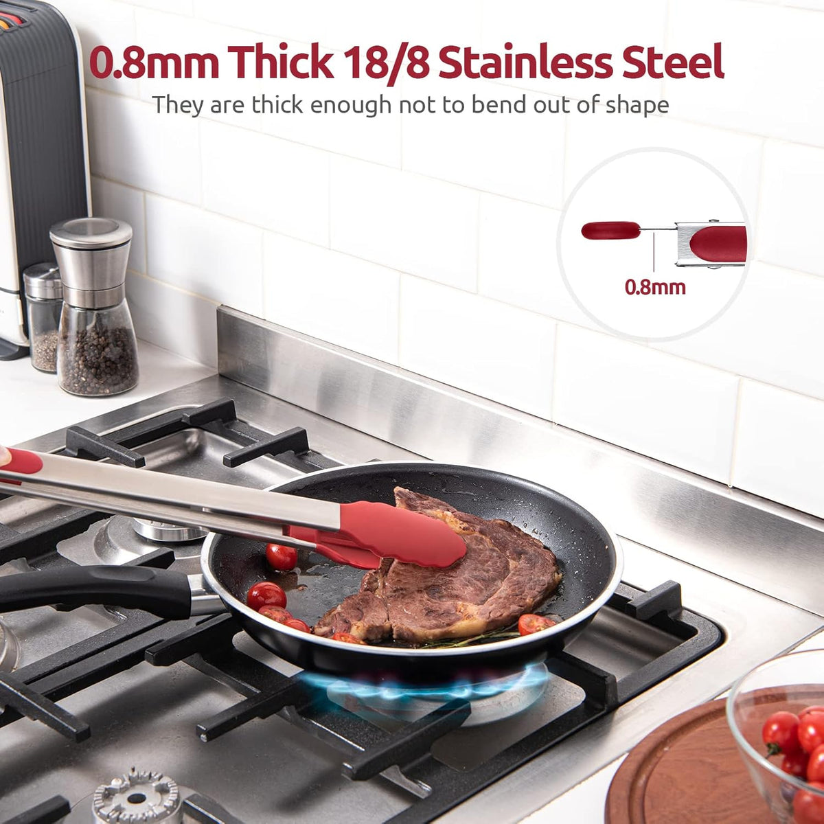 Heat Resistant Silicone Kitchen Tong: U-Taste 16 inch Extra Long Large 480ºF Hot Proof Cooking Tong with Sturdy Non Stick Rubber Tips & Non Slip Silicon Coated Steel Handle for Grilling BBQ (Red)