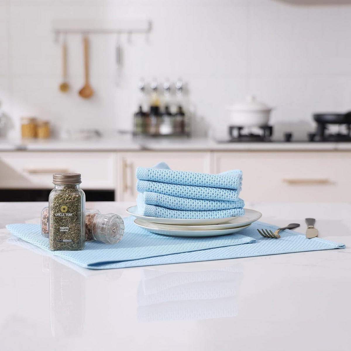 Kitinjoy 100% Cotton Waffle Weave Kitchen Towels (13 X 28 Inches, Sky Blue), 8-Pack Super Soft and Absorbent Dish Towels for Drying Dishes, Kitchen Hand Towels