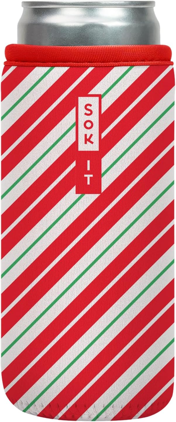 Sok It CanSok Sleeve for Beer & Soda Insulated Neoprene Cover (Candy Cane Stripes, 12oz Slim Can Sleeve)