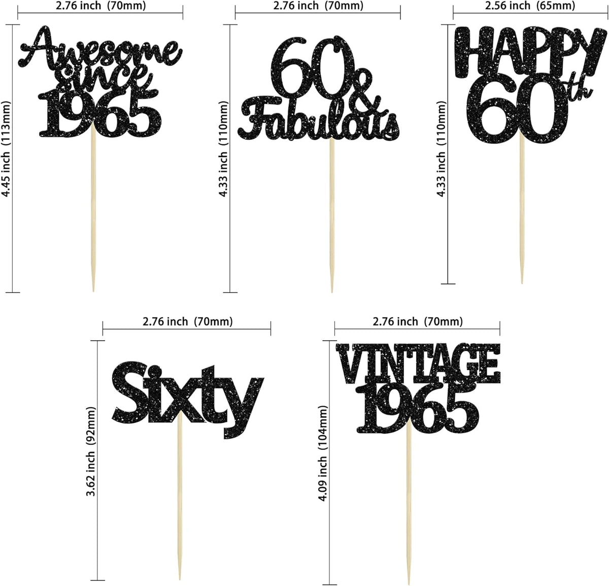 Gyufise 30Pcs 60th Birthday Cupcake Toppers Vintage 1965 Cake Decorations Cheers to 60 Fabulous Sixty Cupcake Picks 60th Birthday Wedding Anniversary Party Cake Decorations Supplies Black