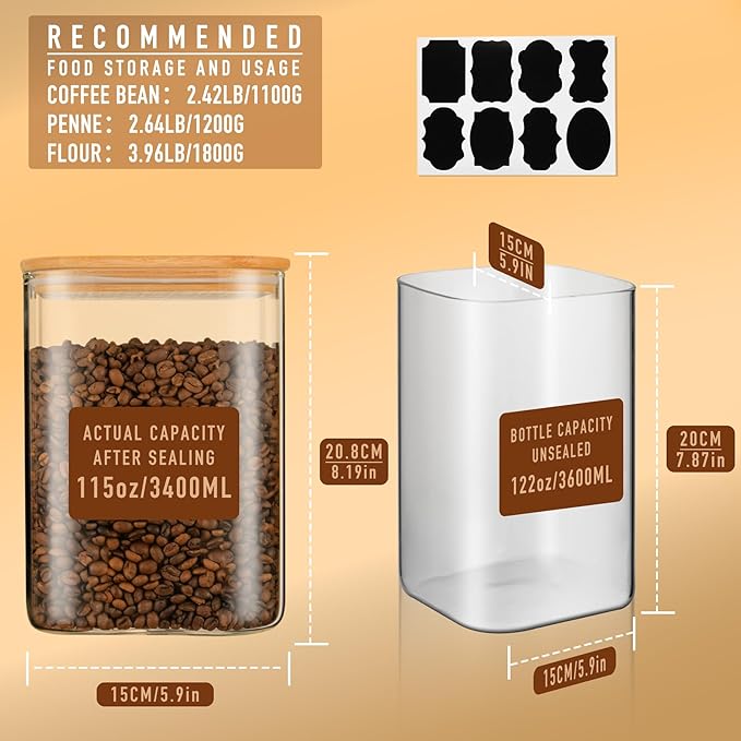 122oz Airtight Glass Square Storage Canister with Bamboo Lid Set of 2(3600ml*2) Large Storage Container Gallon Glass Jars, for Sugar, Flour, and Coffee bean (with Black Lable)