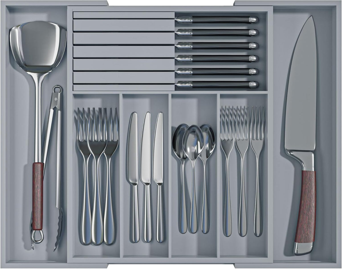 Large Utensil Drawer Organizer with Divider - Removable Kitchen Knife Holder Bamboo Adjustable Flatware Organizer for Drawer W12.8-20.2" x L16 x H2 (Grey)