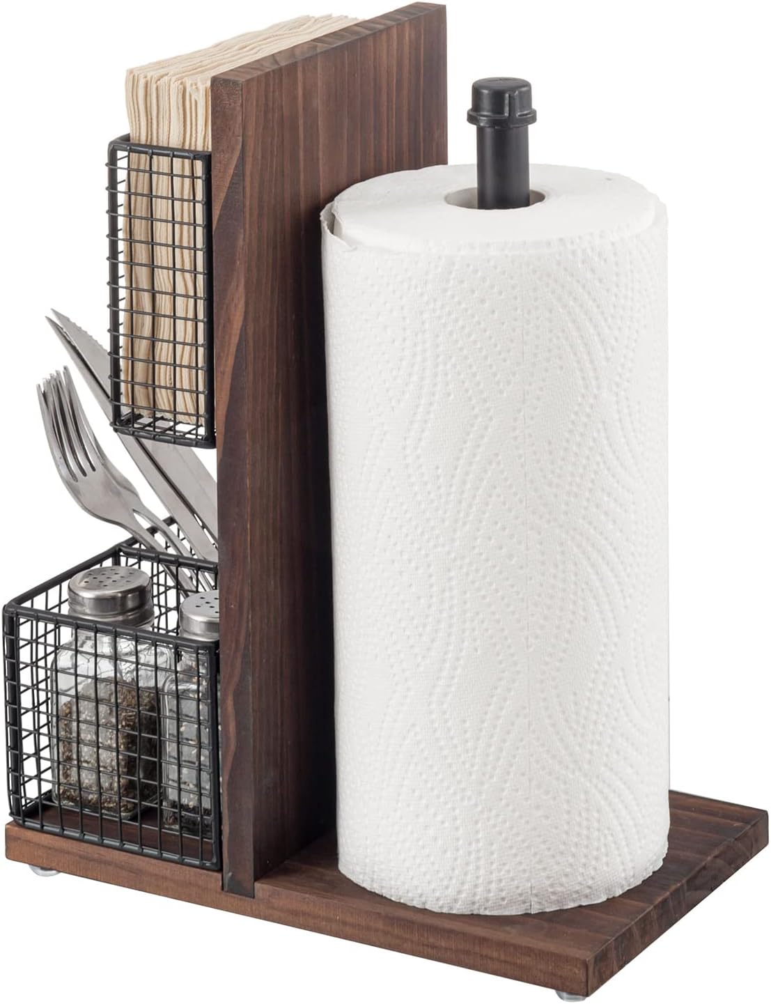MyGift 3-in-1 Kitchen Organizer with Paper Towel Holder, Napkin Holder & Spice Rack - Rustic Wood & Industrial Metal Pipe Caddy for Farmhouse Dining Table