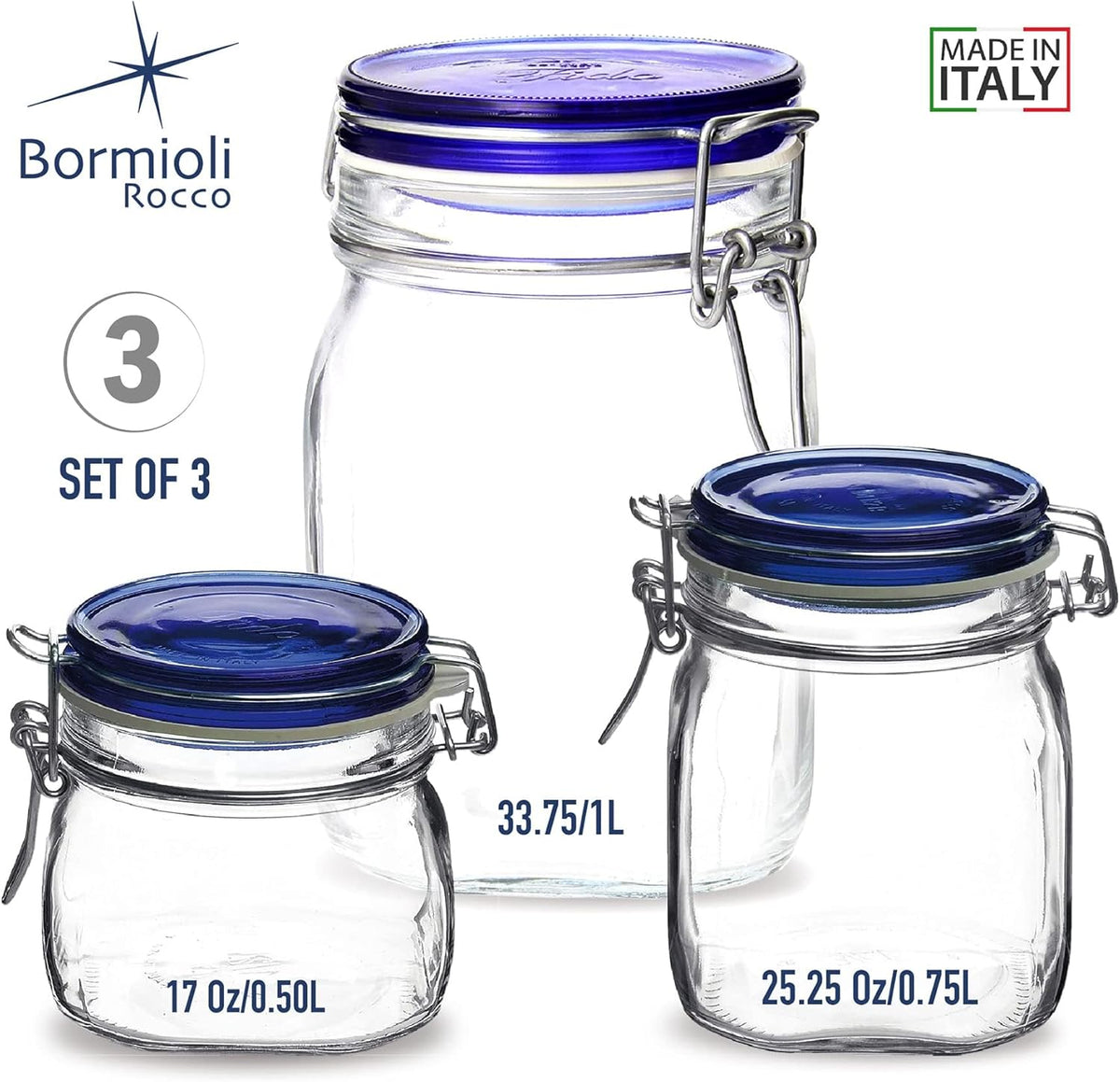 Bormioli Rocco Fido Glass Jars, Blue Lids – Serving & Entertaining Containers, Assorted Sizes - Airtight Clamp Canisters for Appetizers, Desserts, Snacks – Italian Glass, Dishwasher Safe (Set of 3)