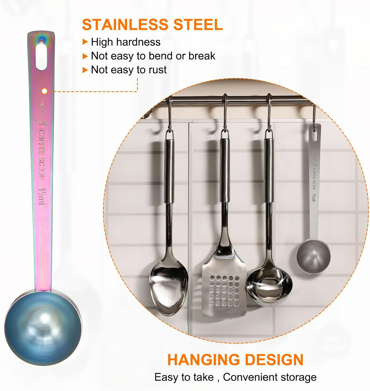 HARFINGTON Coffee Scoop Spoon 1tbsp (3tsp, 15ml) 304 Stainless Steel Long Handle Teaspoon/Tablespoon Measuring Spoons Scoops for Tea Sugar Kitchen, Multicolor
