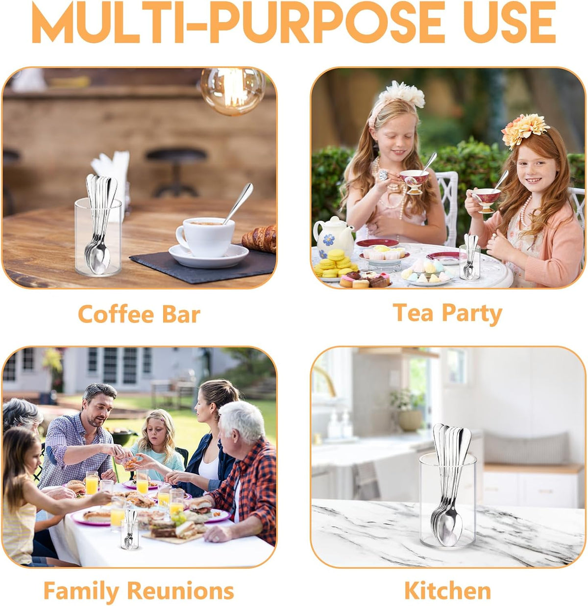 6 Pcs Mini Coffee Spoons with Holder 4.7 inch Demitasse Espresso Stainless Steel Spoons Silver with Acrylic Cylinder Holder for Coffee Bar Home Tea Party (6)