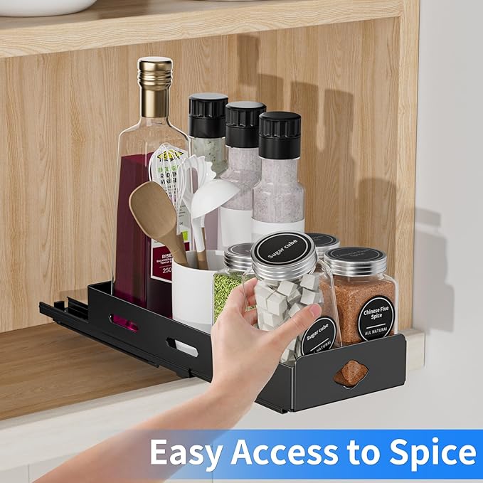 Pull Out Spice Rack Organizer for Cabinet, Heavy Duty-Slide Out Spice Rack, Vertical Spice Rack for Kitchen Cabinet and Pantry (4.2''Wx10.5''Dx2.8''H, Metal Black)