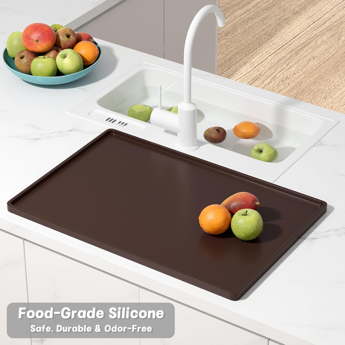 Rnivvi Silicone Coffee Mat, 12" x 19" Waterproof Raised Edge Coffee Bar Mats for Espresso Machine Station Accessories, Heat Resistant Dish Drying Pad for Kitchen Counter, Rubber Bar Decor Pad, Brown
